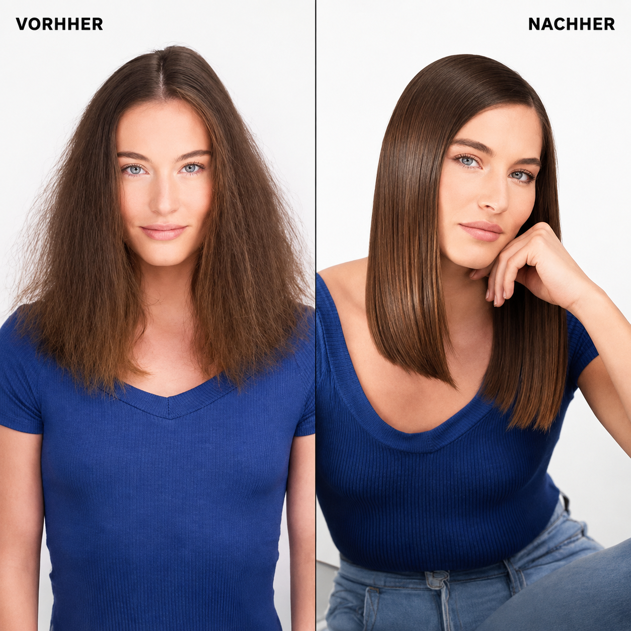 Vorher-Nachher-Bilder zeigen, wie sich krauses Haar in glattes, geschmeidiges Haar verwandelt hat.